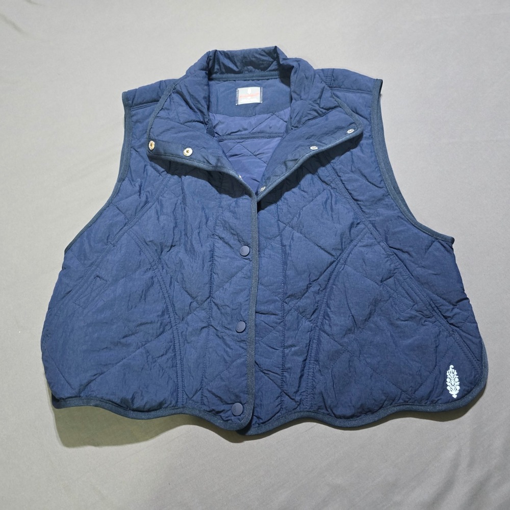 Free People Movement Quinn Quilted Vest Women Medium Blue Scalloped Snap Front